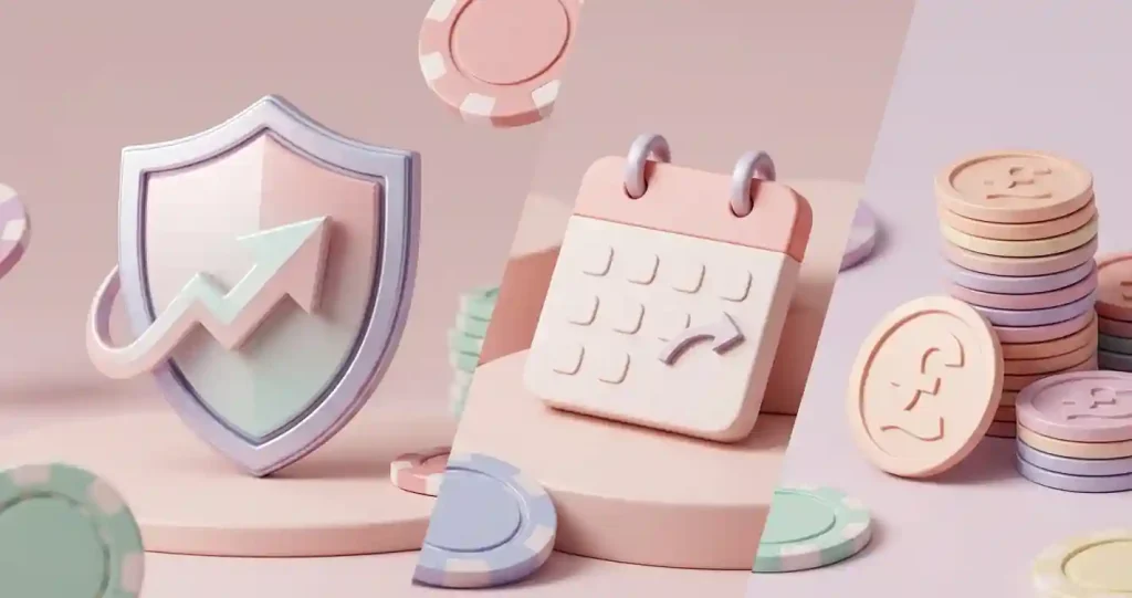 Editorial illustration of a cashback calendar, reward tokens and generic pound-themed chips without text