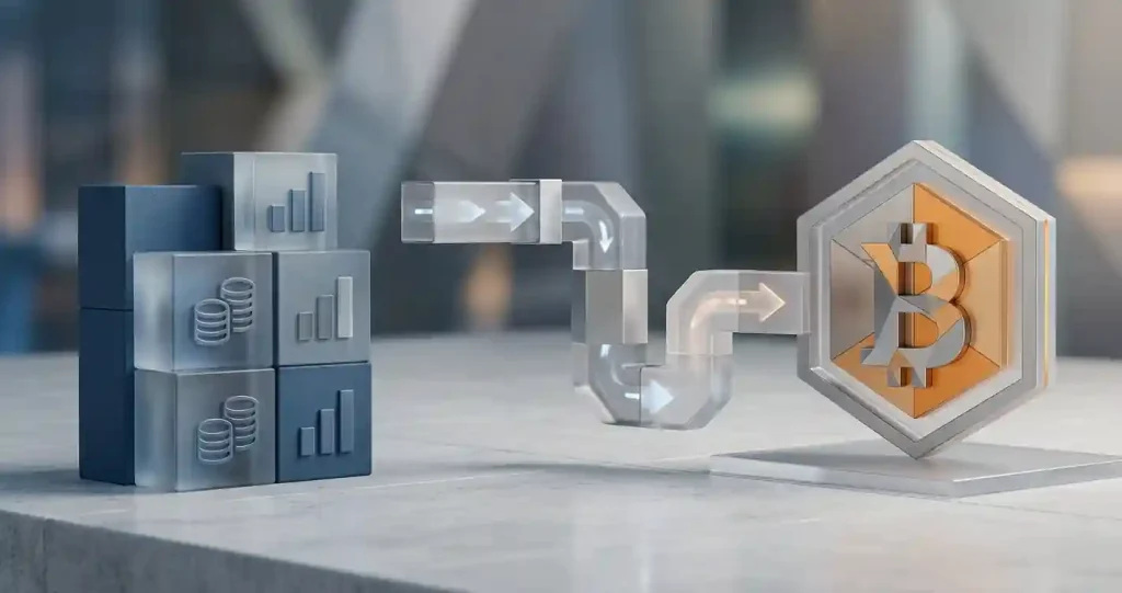 Editorial illustration of a GBP account balance moving through a generic Bitcoin withdrawal route without logos, text or branded interfaces