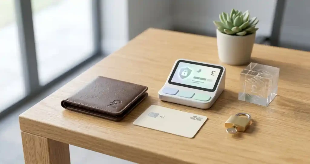 Editorial illustration of a secure GBP wallet, debit card and digital payment symbols without brand marks or text