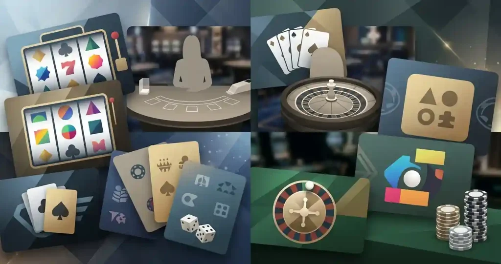 Generic editorial collage of slot reels, a live table and software-provider tiles without logos, game titles, brand marks or text