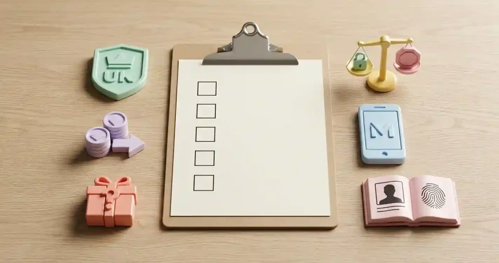 Generic editorial decision checklist with licence, bonus, withdrawal, identity verification, mobile and safer gambling symbols