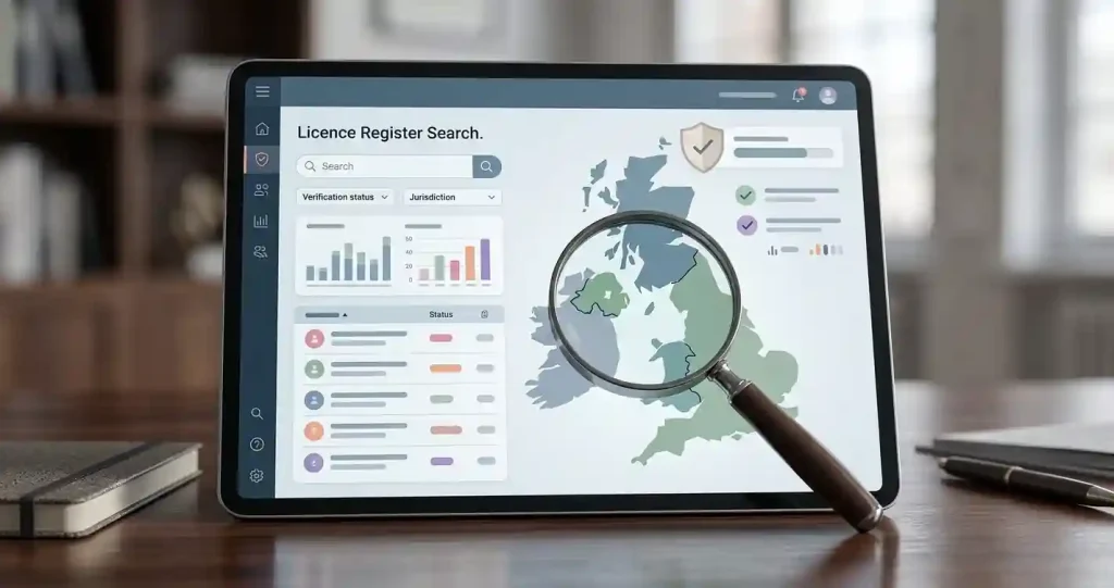 Generic editorial illustration of a licence-register search, a Great Britain and Northern Ireland split, and neutral trust symbols with no real regulator document or brand logo