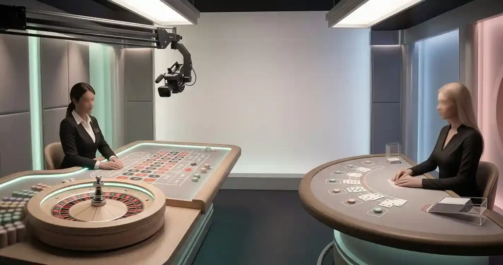 Generic editorial illustration of a live dealer studio with roulette and blackjack tables, without logos, brand marks or readable text