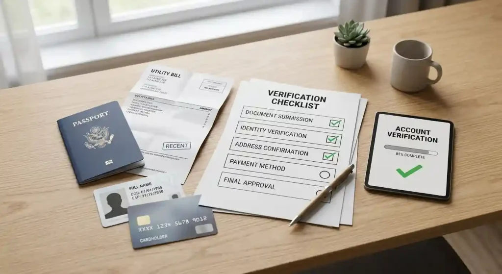 Generic editorial illustration of an identity document, address bill and verification checklist with no real brand interface or personal data